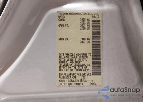 2015 Nissan Altima 2.5 Sl из США, поврежденный, VIN 1N4AL3AP6FC416091